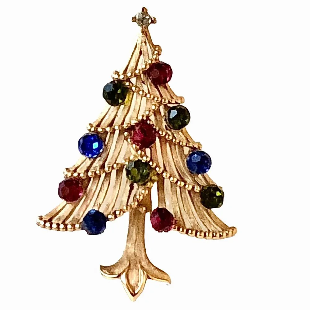 Trifari Vintage Crown Goldtone Multi-Color Rhinestone Christmas Tree Brooch